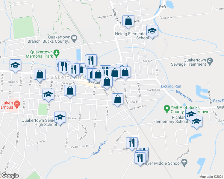 map of restaurants, bars, coffee shops, grocery stores, and more near 45 Front Street in Quakertown