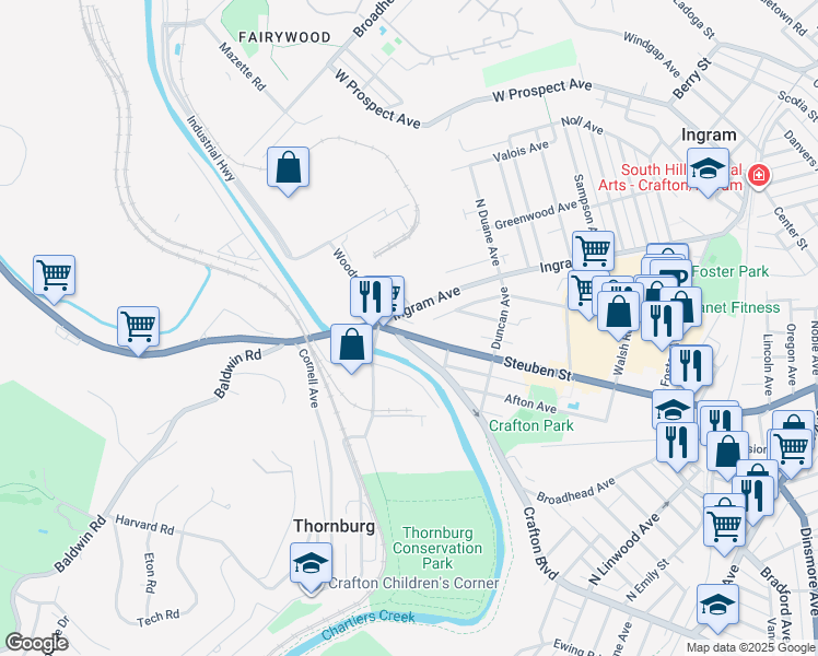 map of restaurants, bars, coffee shops, grocery stores, and more near 253 Pennsylvania 60 in Crafton