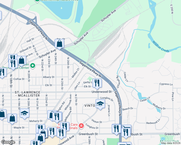 map of restaurants, bars, coffee shops, grocery stores, and more near 2151 Ulen Lane in Lafayette