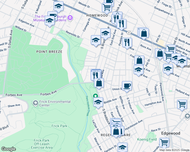 map of restaurants, bars, coffee shops, grocery stores, and more near 573 South Braddock Avenue in Pittsburgh