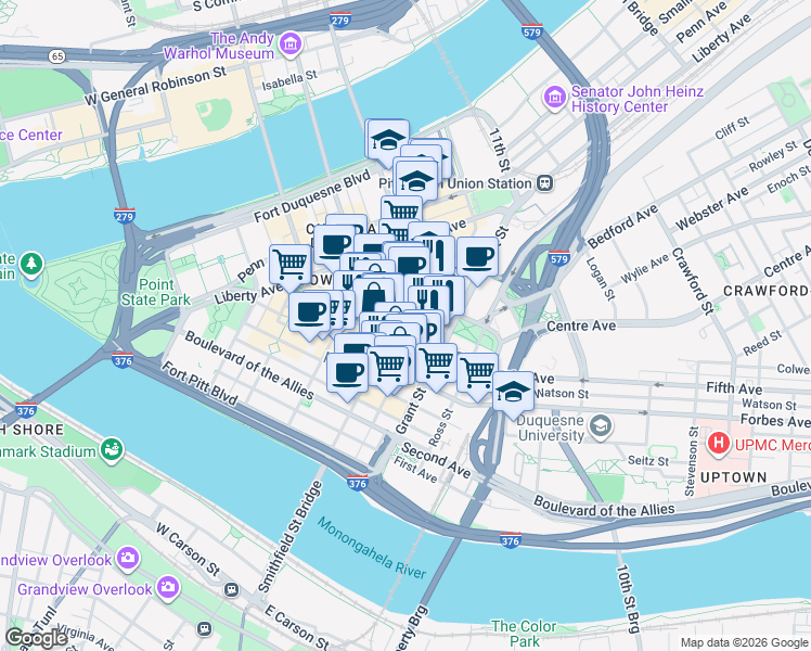 map of restaurants, bars, coffee shops, grocery stores, and more near 355 Fifth Avenue in Pittsburgh