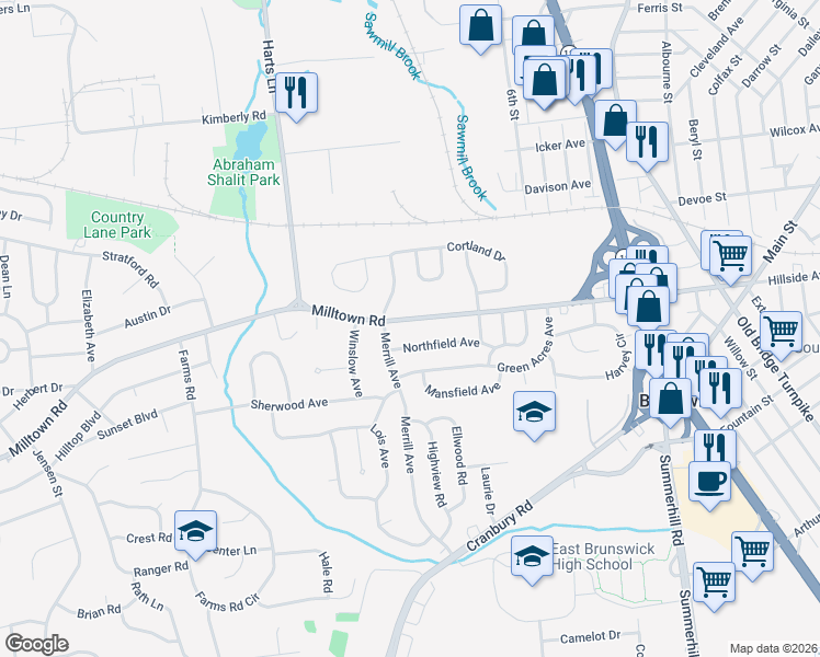 map of restaurants, bars, coffee shops, grocery stores, and more near 26 Northfield Avenue in East Brunswick
