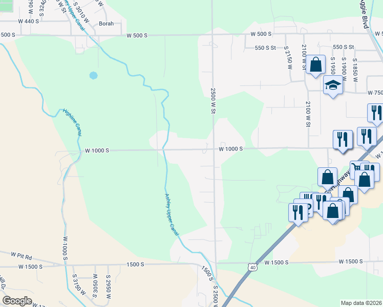map of restaurants, bars, coffee shops, grocery stores, and more near 2601 West 1000 South in Vernal