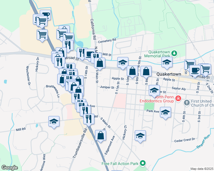 map of restaurants, bars, coffee shops, grocery stores, and more near 1208 Juniper Street in Quakertown