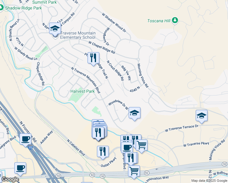 map of restaurants, bars, coffee shops, grocery stores, and more near 4694 Pheasant Ridge Trail West in Lehi