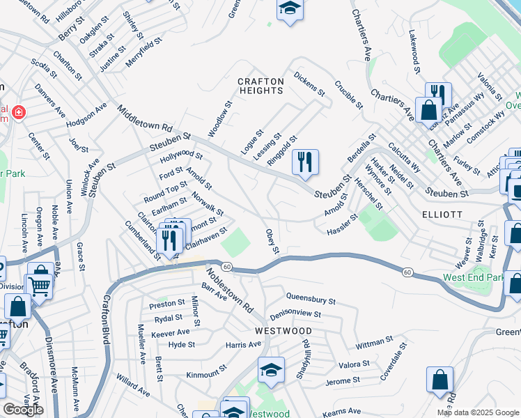 map of restaurants, bars, coffee shops, grocery stores, and more near 1460 Obey Street in Pittsburgh