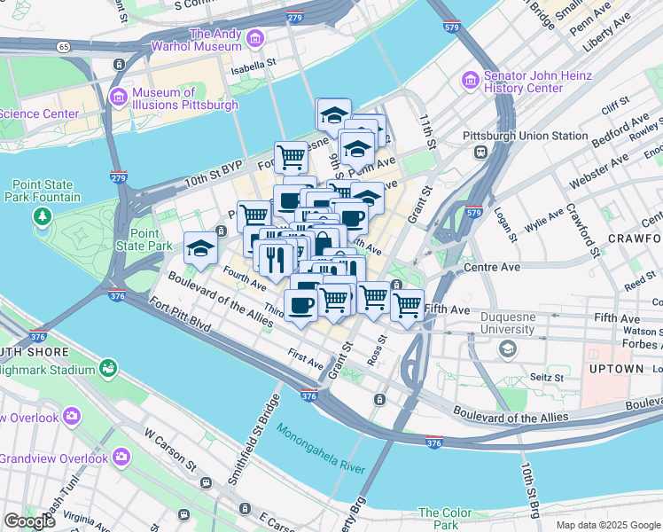 map of restaurants, bars, coffee shops, grocery stores, and more near 342 Fifth Avenue in Pittsburgh