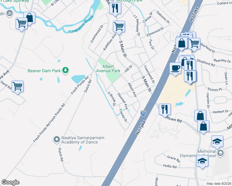 map of restaurants, bars, coffee shops, grocery stores, and more near 41 South Brook Drive in Milltown