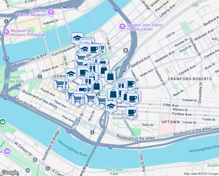 map of restaurants, bars, coffee shops, grocery stores, and more near 1 Bigelow Square in Pittsburgh