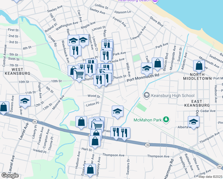 map of restaurants, bars, coffee shops, grocery stores, and more near 25 Hancock Street in Keansburg