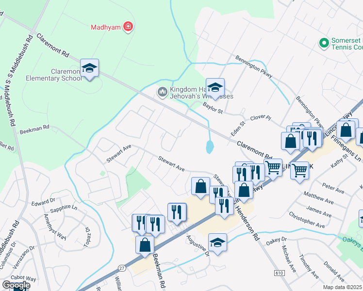map of restaurants, bars, coffee shops, grocery stores, and more near 63 Taylor Drive in Franklin Township