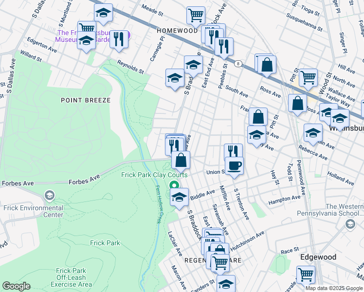 map of restaurants, bars, coffee shops, grocery stores, and more near 570 South Braddock Avenue in Pittsburgh