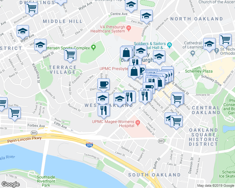 map of restaurants, bars, coffee shops, grocery stores, and more near 205 Chesterfield Road in Pittsburgh