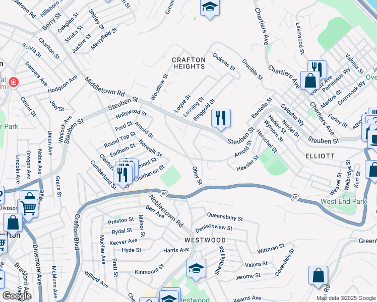 map of restaurants, bars, coffee shops, grocery stores, and more near 1460 Obey Street in Pittsburgh