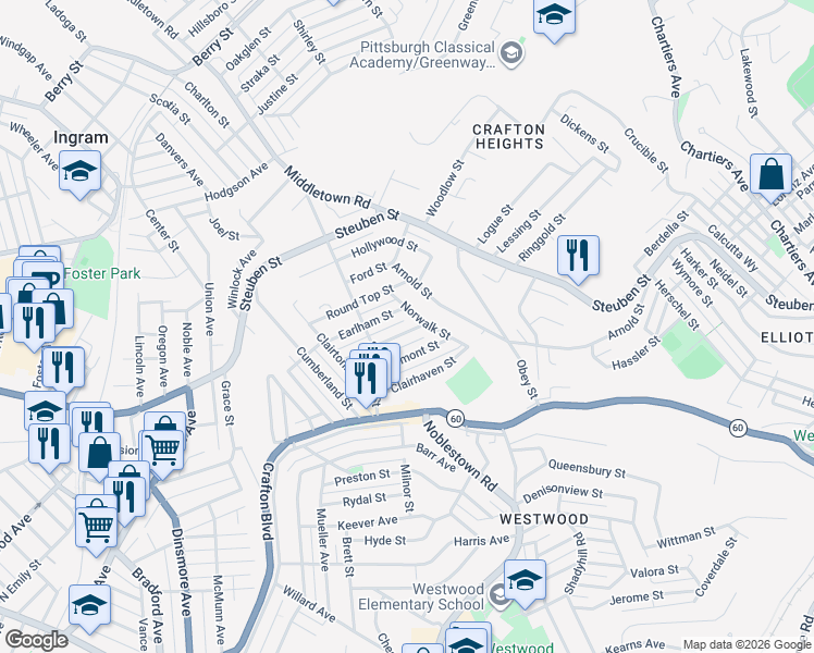map of restaurants, bars, coffee shops, grocery stores, and more near 1233 Oakmont Street in Pittsburgh