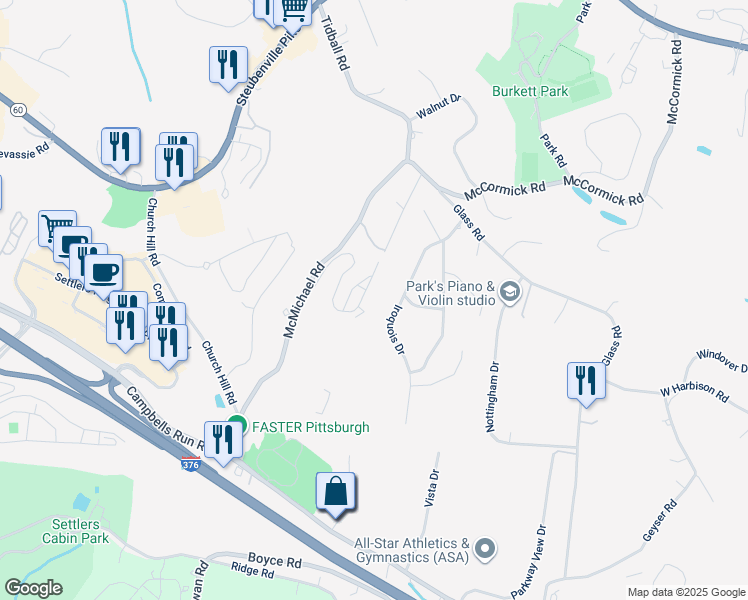 map of restaurants, bars, coffee shops, grocery stores, and more near 1422 Iroquois Drive in Pittsburgh