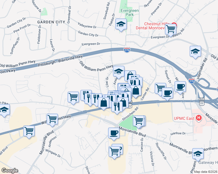 map of restaurants, bars, coffee shops, grocery stores, and more near 258 Lilac Drive in Monroeville