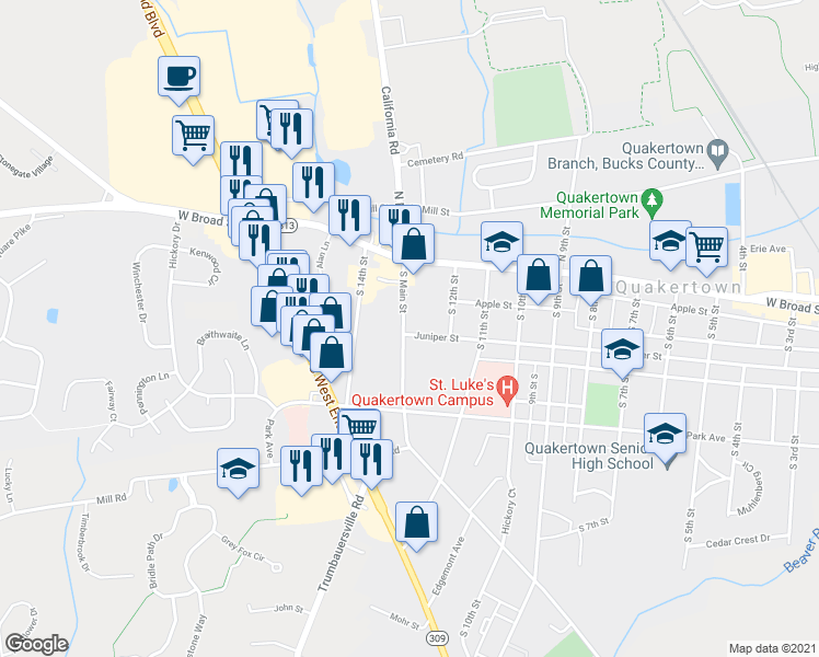 map of restaurants, bars, coffee shops, grocery stores, and more near 51 South Main Street in Quakertown