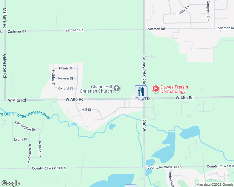 map of restaurants, bars, coffee shops, grocery stores, and more near 2200 County Road W 250 South in Kokomo