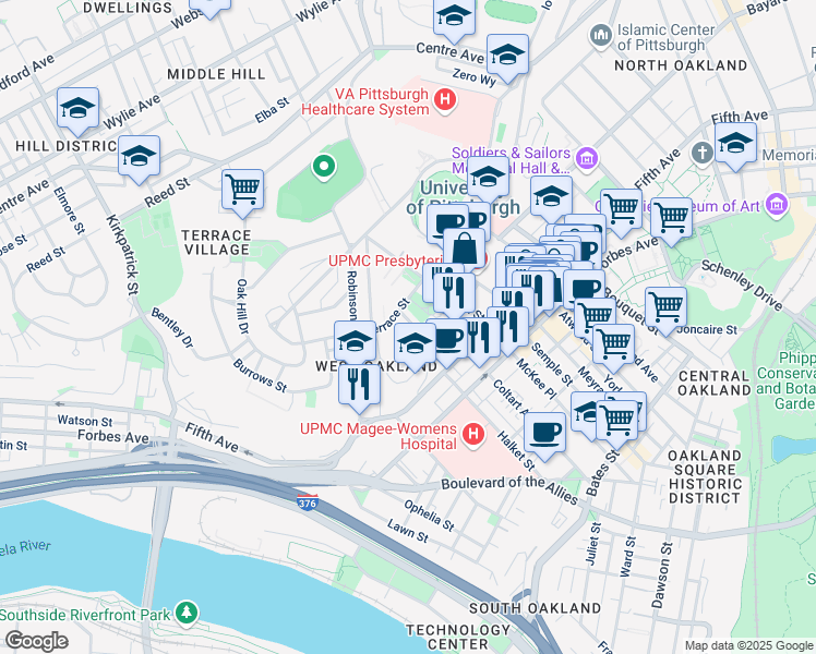 map of restaurants, bars, coffee shops, grocery stores, and more near 205 Chesterfield Road in Pittsburgh