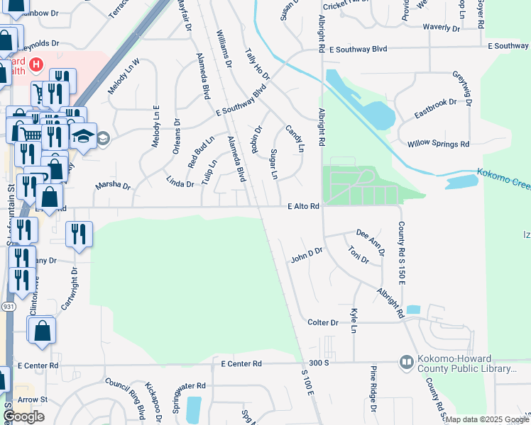 map of restaurants, bars, coffee shops, grocery stores, and more near 1505 East Alto Road in Kokomo
