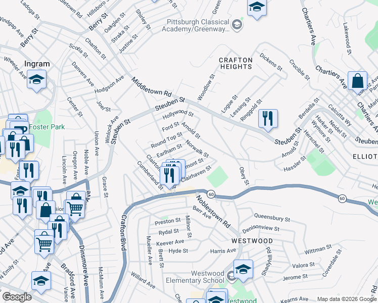 map of restaurants, bars, coffee shops, grocery stores, and more near 1233 Oakmont Street in Pittsburgh