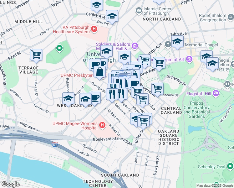 map of restaurants, bars, coffee shops, grocery stores, and more near 3525 Forbes Avenue in Pittsburgh