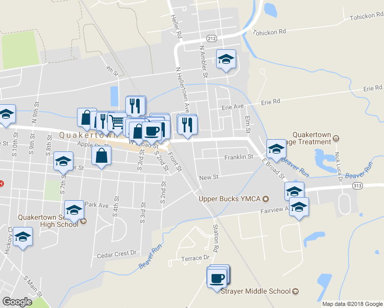 map of restaurants, bars, coffee shops, grocery stores, and more near 24 South Hellertown Avenue in Quakertown
