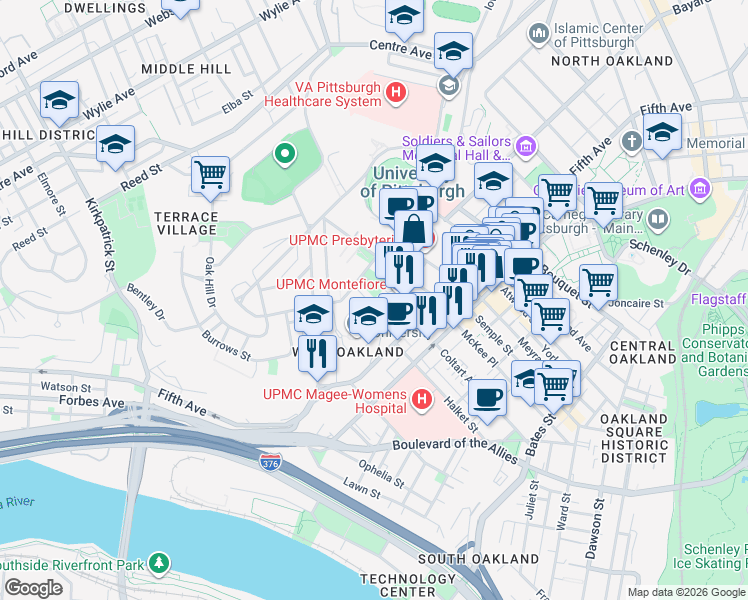 map of restaurants, bars, coffee shops, grocery stores, and more near 205 Chesterfield Road in Pittsburgh