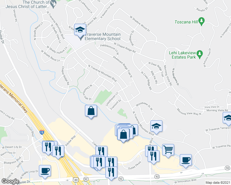 map of restaurants, bars, coffee shops, grocery stores, and more near 4249 Cresthaven Lane in Lehi