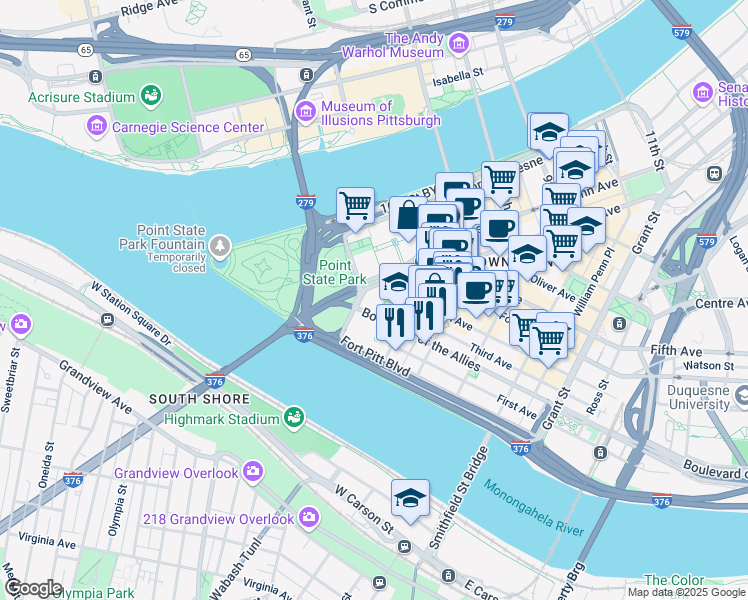 map of restaurants, bars, coffee shops, grocery stores, and more near 300 Liberty Avenue in Pittsburgh