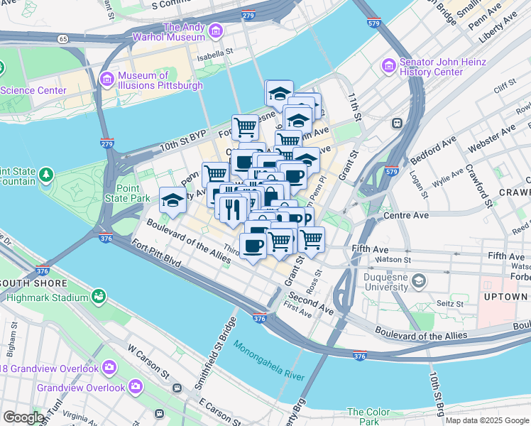 map of restaurants, bars, coffee shops, grocery stores, and more near 301 Fifth Avenue in Pittsburgh