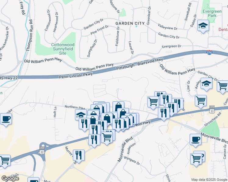 map of restaurants, bars, coffee shops, grocery stores, and more near 1120 Fox Hill Drive in Monroeville