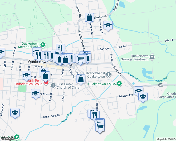 map of restaurants, bars, coffee shops, grocery stores, and more near 21 South Hellertown Avenue in Quakertown