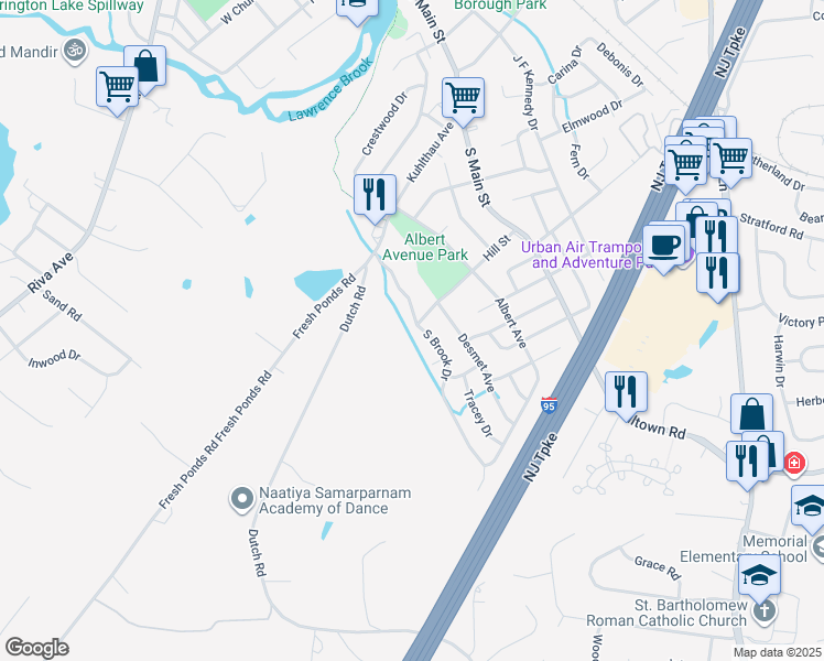 map of restaurants, bars, coffee shops, grocery stores, and more near 42 South Brook Drive in Milltown