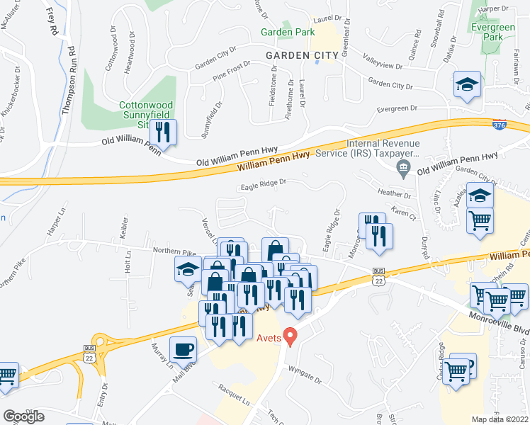 map of restaurants, bars, coffee shops, grocery stores, and more near 1120 Fox Hill Drive in Monroeville
