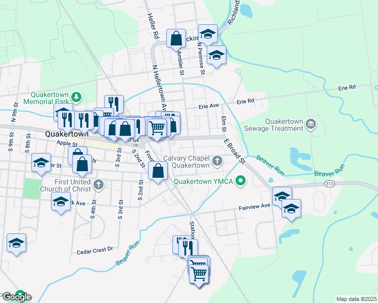 map of restaurants, bars, coffee shops, grocery stores, and more near 224 Franklin Street in Quakertown
