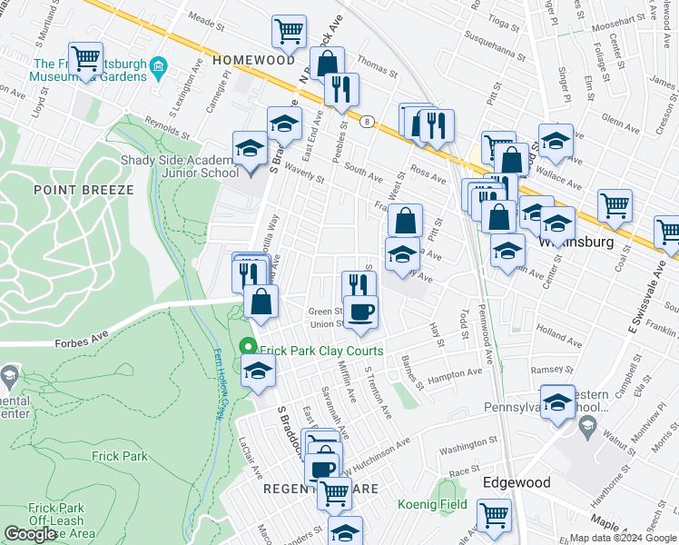 map of restaurants, bars, coffee shops, grocery stores, and more near 535 Virgil Way in Pittsburgh