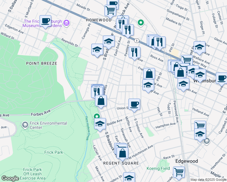 map of restaurants, bars, coffee shops, grocery stores, and more near 545 Peebles Street in Pittsburgh