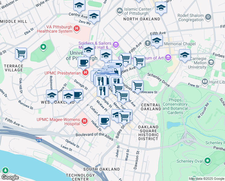 map of restaurants, bars, coffee shops, grocery stores, and more near 220 Meyran Avenue in Pittsburgh