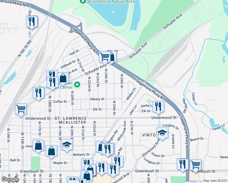 map of restaurants, bars, coffee shops, grocery stores, and more near 2300 N 26th St in Lafayette