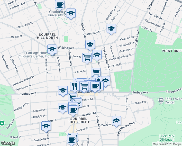 map of restaurants, bars, coffee shops, grocery stores, and more near 5875 Aylesboro Avenue in Pittsburgh