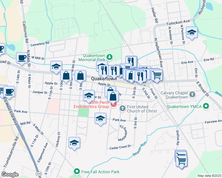 map of restaurants, bars, coffee shops, grocery stores, and more near 503 Juniper Street in Quakertown