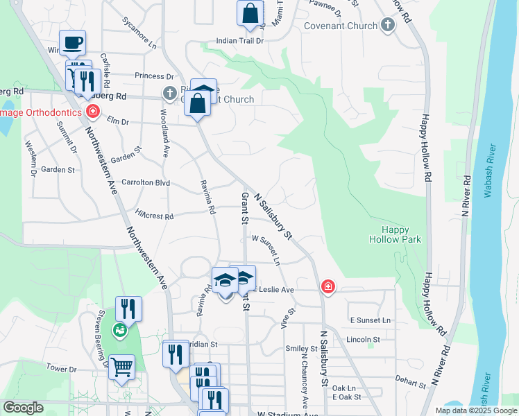 map of restaurants, bars, coffee shops, grocery stores, and more near 1511 North Salisbury Street in West Lafayette