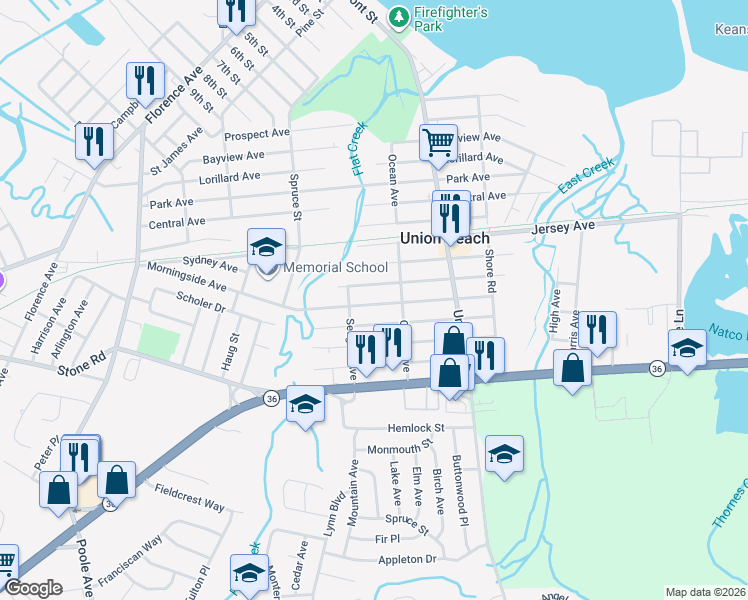 map of restaurants, bars, coffee shops, grocery stores, and more near 519 Clark Avenue in Union Beach