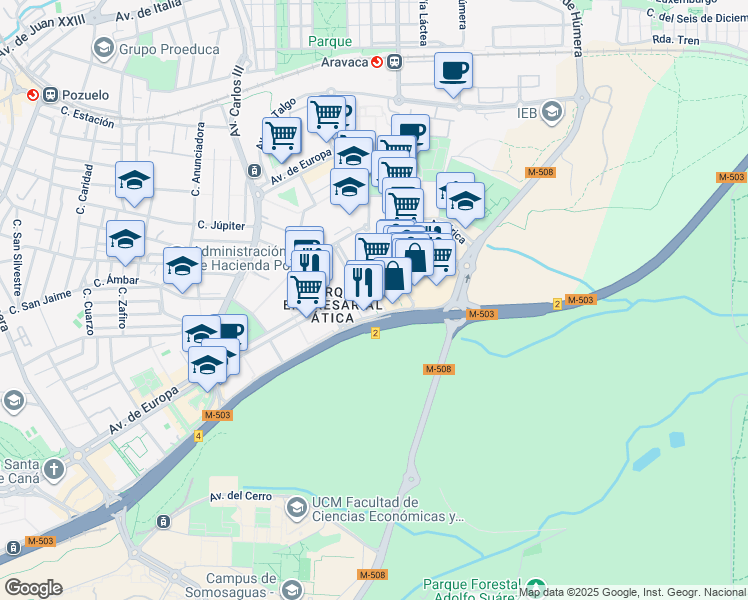 map of restaurants, bars, coffee shops, grocery stores, and more near 33 Vía de las Dos Castillas in Pozuelo de Alarcón