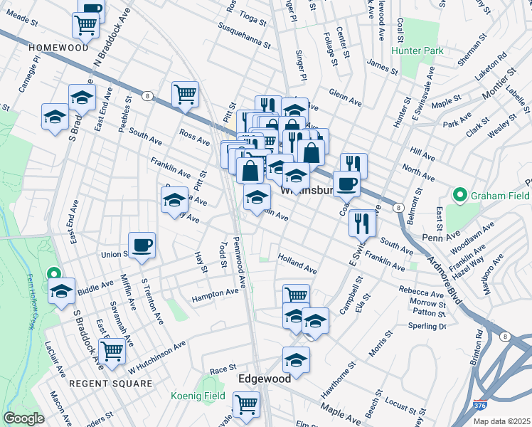 map of restaurants, bars, coffee shops, grocery stores, and more near 753 Rebecca Avenue in Pittsburgh