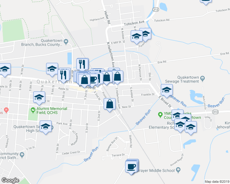 map of restaurants, bars, coffee shops, grocery stores, and more near 18 South Hellertown Avenue in Quakertown