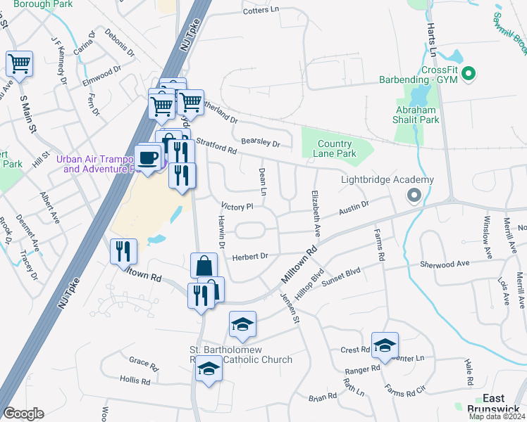 map of restaurants, bars, coffee shops, grocery stores, and more near 41 Nelson Circle in East Brunswick