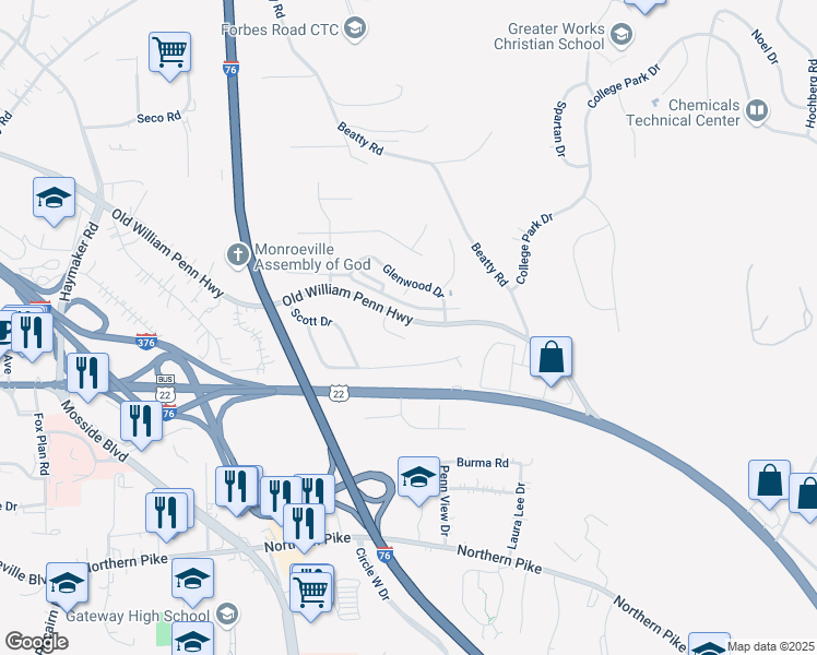 map of restaurants, bars, coffee shops, grocery stores, and more near 4652 Old William Penn Highway in Monroeville